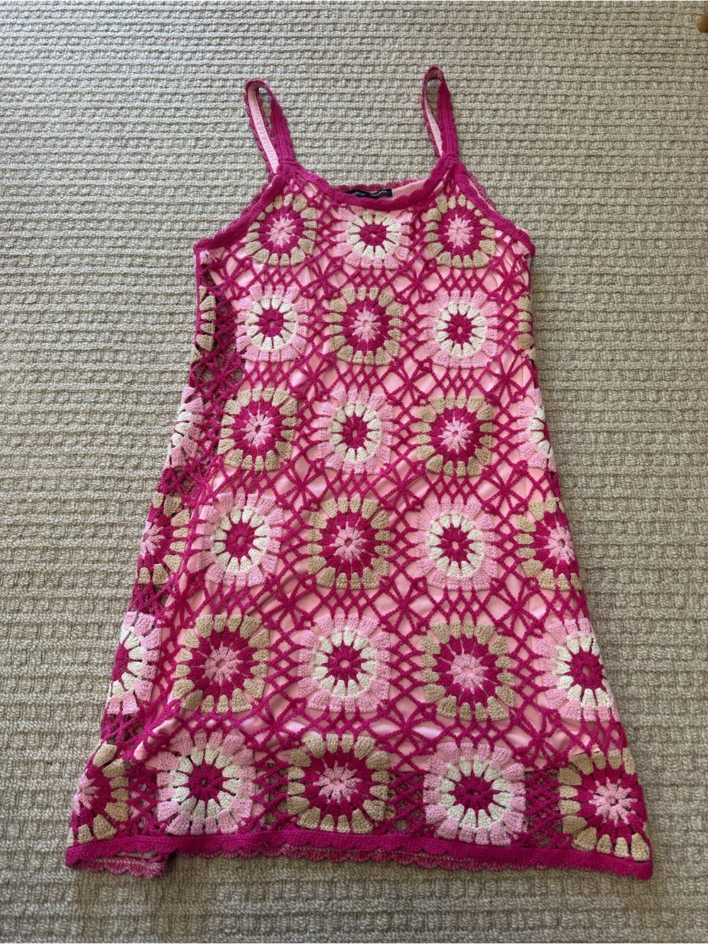 Boston Proper Floral Pink Crochet Tank Mini Dress Sz L - Picture 2 of 6